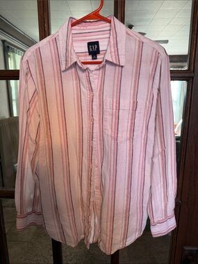GAP Womens‎ XS Linen Blend Striped Button Down Shirt Pink Tan Long Sleeve